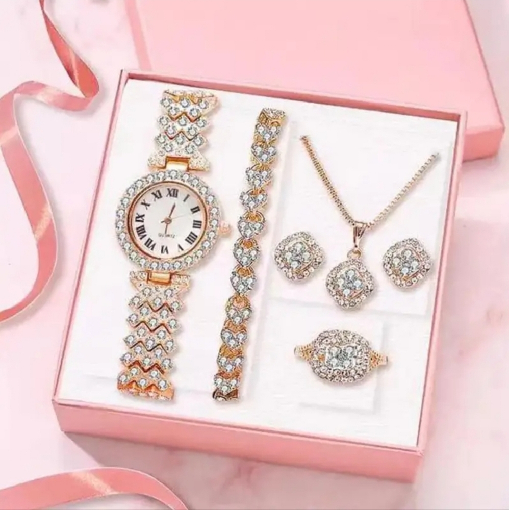 6pcs Rhinestone Watch and Jewelry Set in Rose Gold